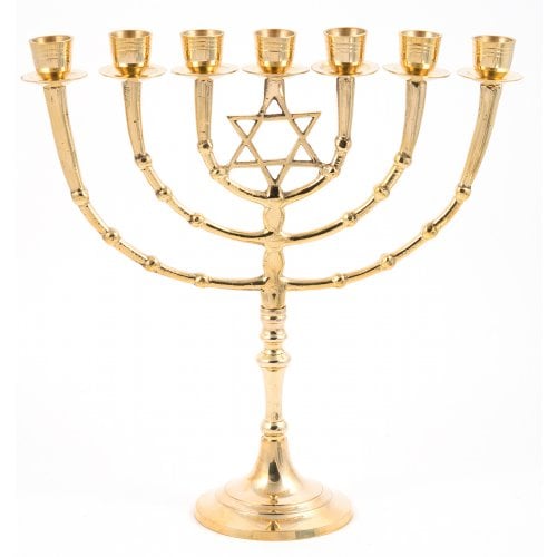 Seven Branch Menorah on Stem, Gold Colored Brass, Star of David - 11