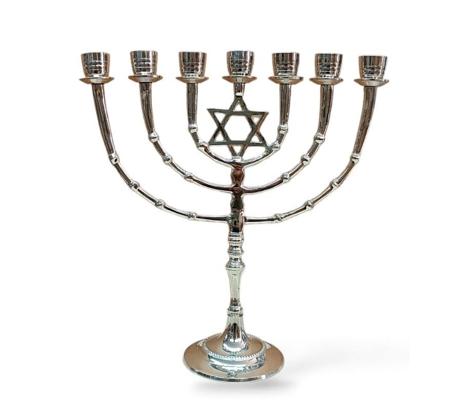 Seven Branch Menorah on Stem with Star of David, Nickel – 11 Inches Height