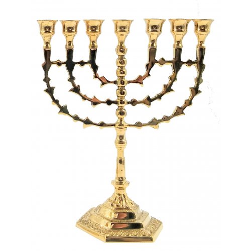 Seven Branch Menorah with Arrow Design Branches, Gold Brass  10