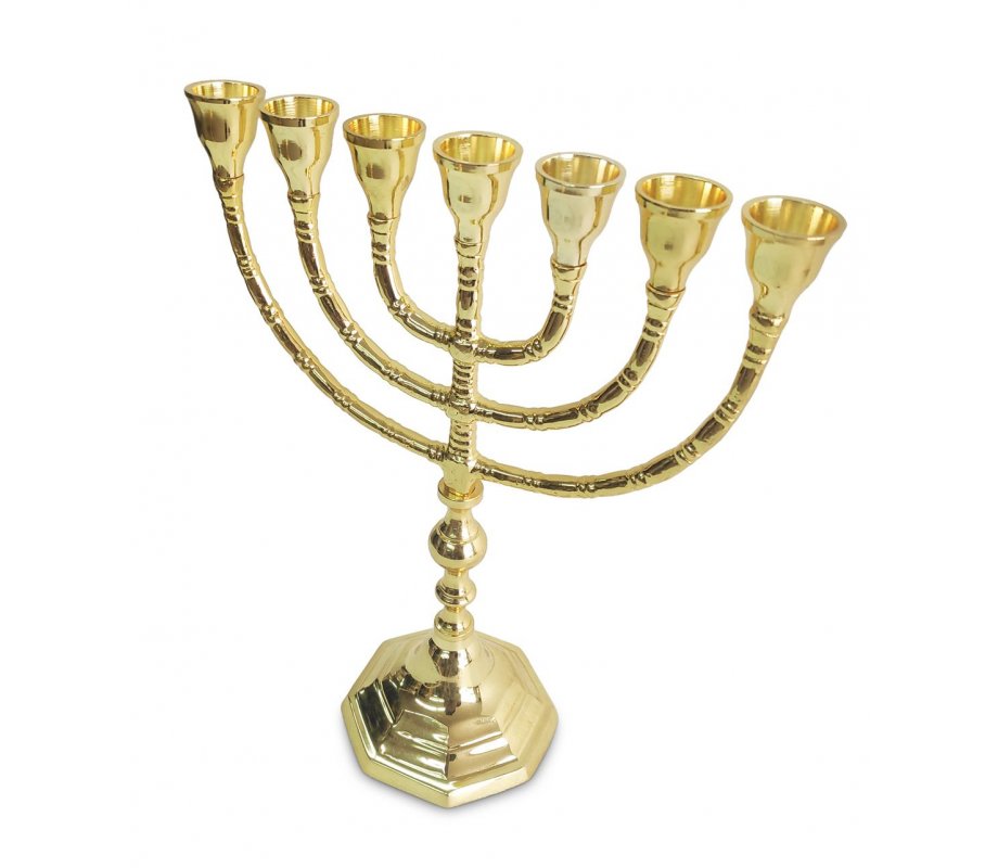 Seven Branch Menorah with Decorative Stem and Base, Gleaming Gold Brass – 10