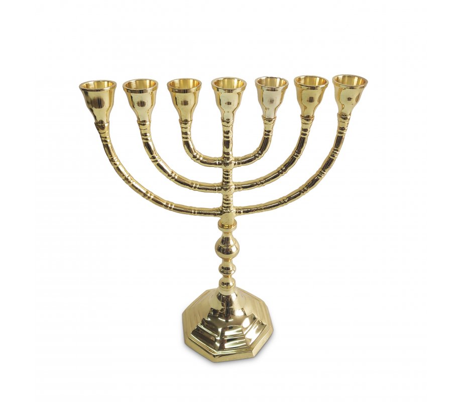 Seven Branch Menorah with Decorative Stem and Base, Gleaming Gold Brass – 10
