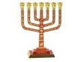 Seven Branch Menorah with Jerusalem Images & Judaic Motifs, Red and Gold - 9.5