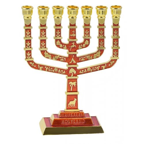 Seven Branch Menorah with Jerusalem Images & Judaic Motifs, Red and Gold - 9.5