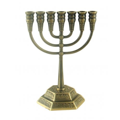 Seven Branch Menorah with Jerusalem Images, Copper - Option 5.3