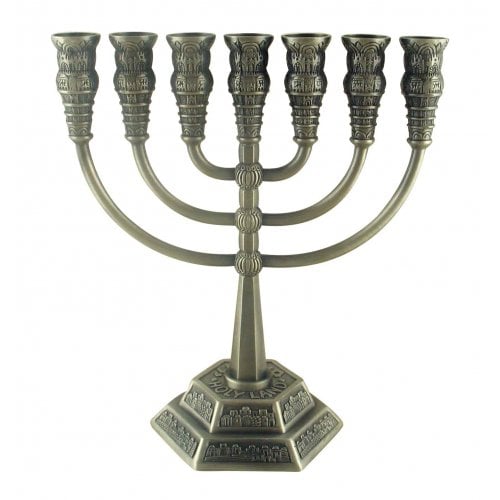 Seven Branch Menorah with Jerusalem Images, Pewter - Option 5.3