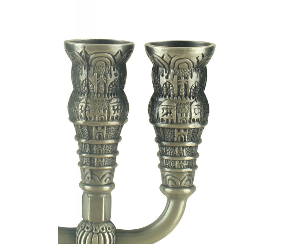 Seven Branch Menorah with Jerusalem Images, Pewter - Option 5.3