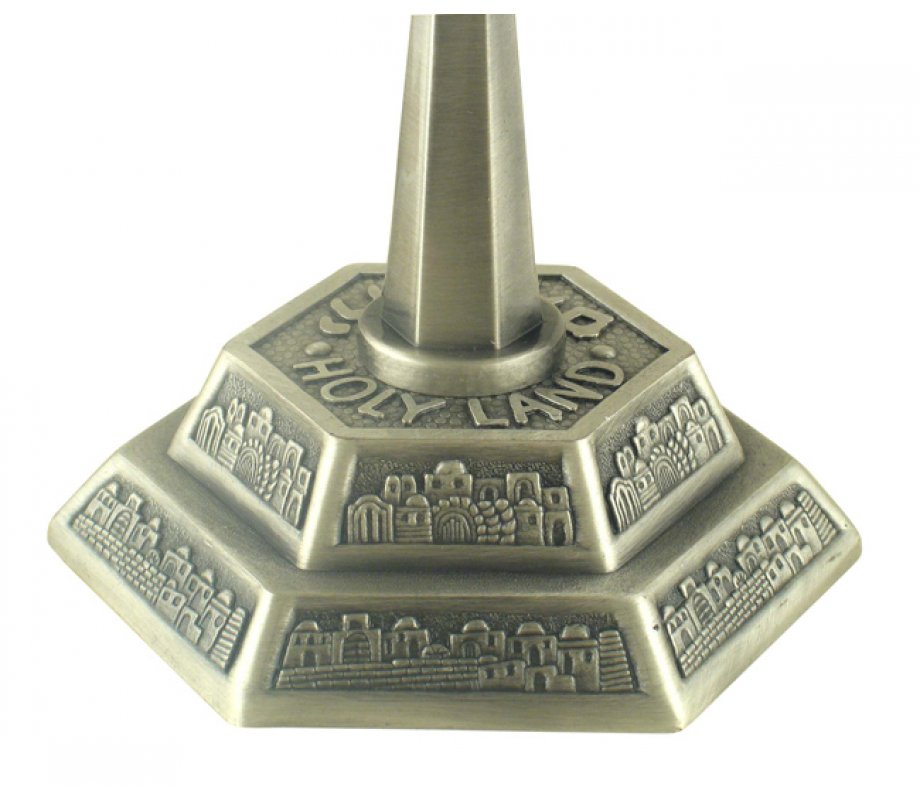 Seven Branch Menorah with Jerusalem Images, Pewter - Option 5.3