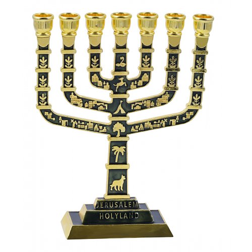 Seven Branch Menorah with Judaic & Jerusalem Motifs, Dark Green and Gold - 9.5