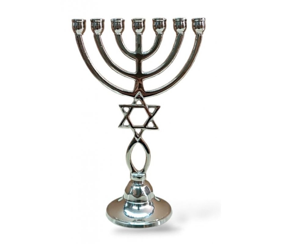Seven Branch Menorah with Star of David and Grafted In Symbol, Nickel - 9