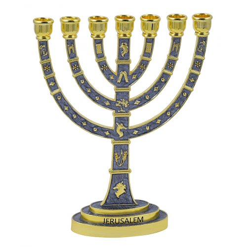 Seven Branch Menorah,Gold Judaic Motifs on Gray Enamel - 9.5