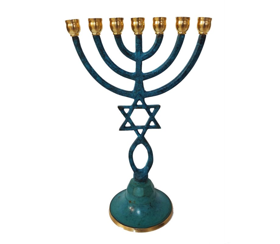 Seven Branch Patina Menorah with Star of David and Grafted In Symbol – 9 Inches