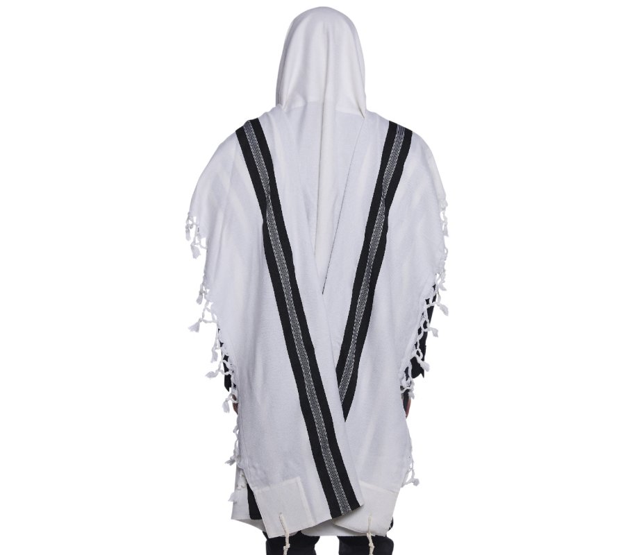 Shabbat Wool Tallit Non Slip Prayer Shawl with Lining - Black with Herringbone Stripe