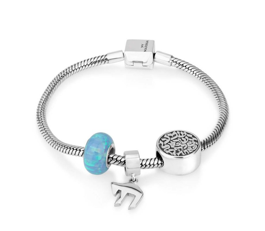 Shema, Chai, and Opal Silver Charm Bracelet