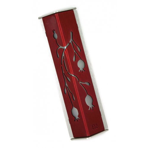 Shraga Landesman Angular Shiny Ruby-Red Aluminum Mezuzah Case - Palm Tree Motif