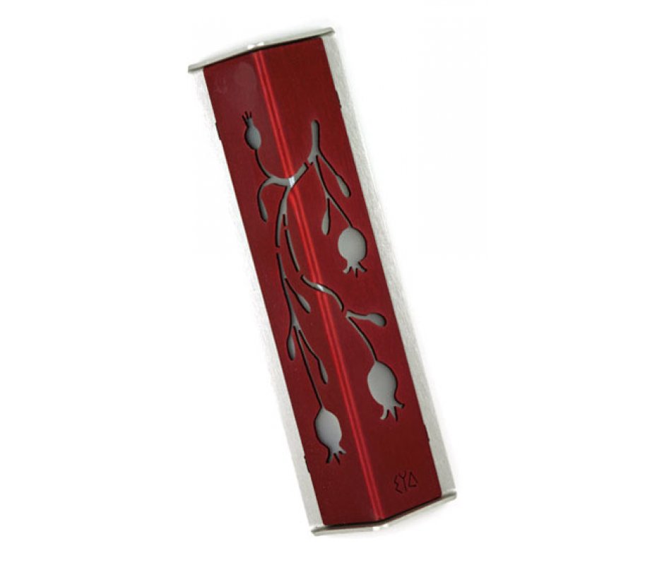 Shraga Landesman Angular Shiny Ruby-Red Aluminum Mezuzah Case - Palm Tree Motif