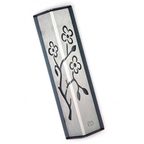 Shraga Landesman Angular Shiny Silver Aluminum Mezuzah Case - Almond Tree