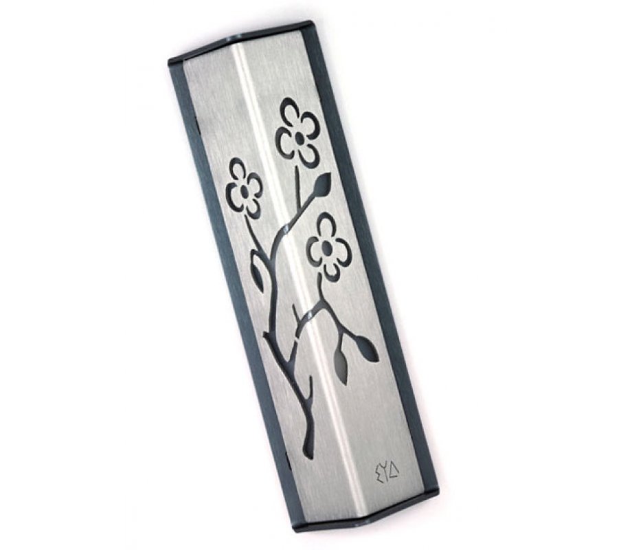 Shraga Landesman Angular Shiny Silver Aluminum Mezuzah Case - Almond Tree