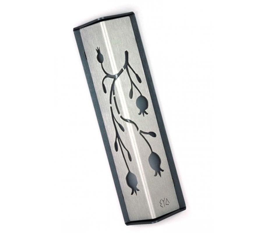 Shraga Landesman Angular Shiny Silver Aluminum Mezuzah Case - Pomegranate Motif