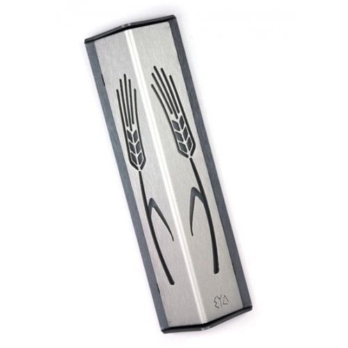 Shraga Landesman Angular Shiny Silver Aluminum Mezuzah Case - Wheat Motif