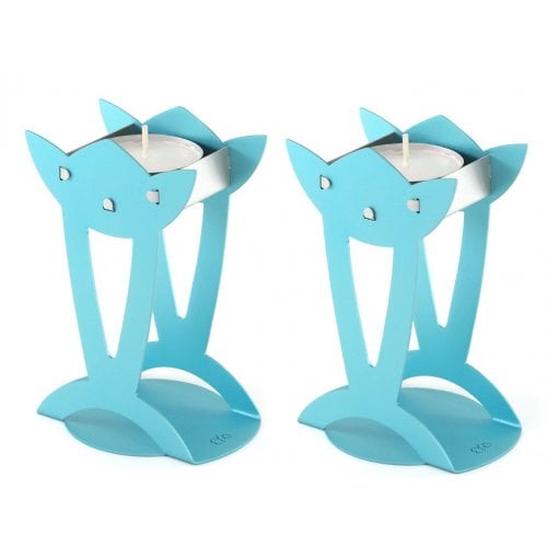 Shraga Landesman Flower Shaped Raised Candle Holders - Turquoise