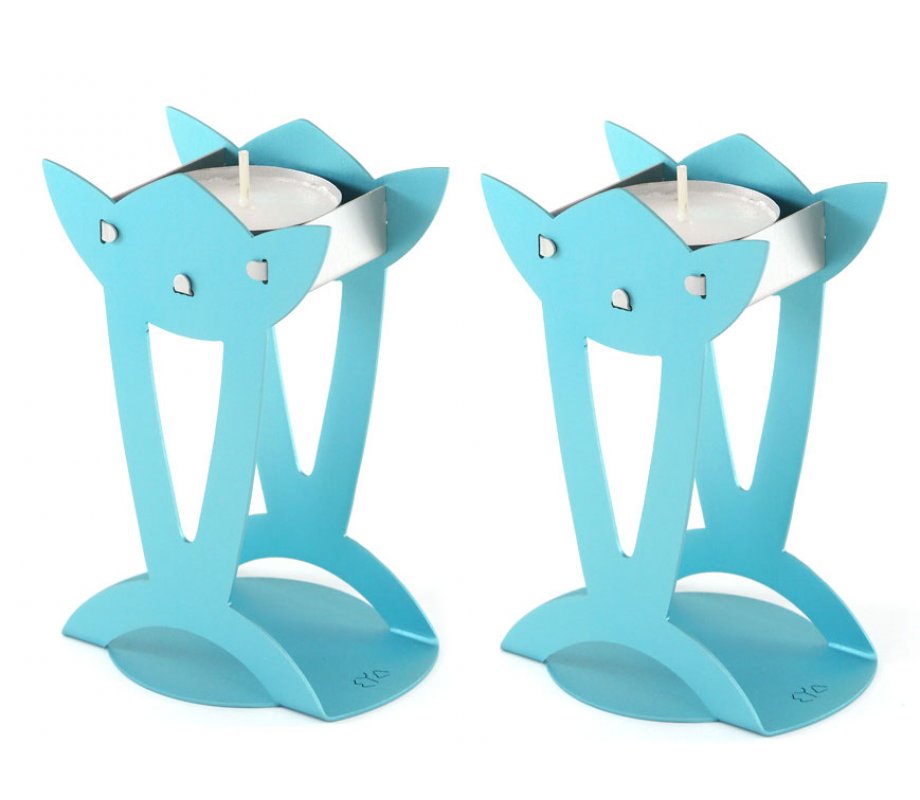 Shraga Landesman Flower Shaped Raised Candle Holders - Turquoise