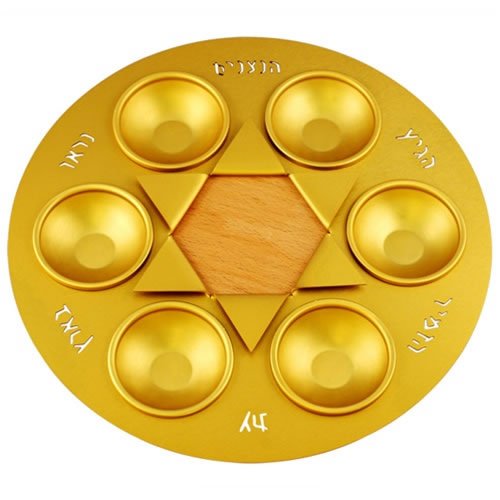 Shraga Landesman Gold Star of David Seder Plate - Aluminum and Wood
