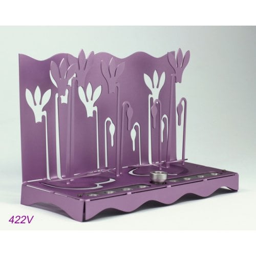 Shraga Landesman Hanukkah Menorah, Slender Cyclamen Flowers - Violet