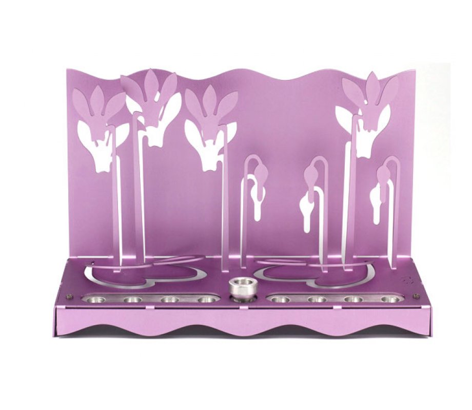 Shraga Landesman Hanukkah Menorah, Slender Cyclamen Flowers - Violet