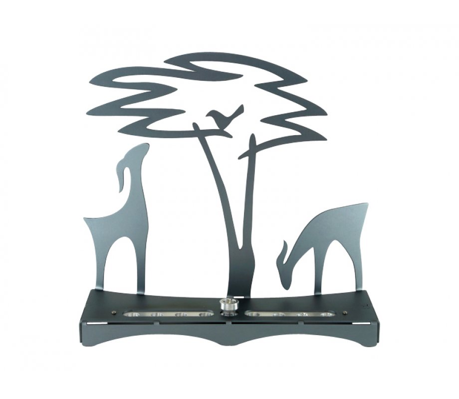 Shraga Landesman Hanukkah Menorah with Acacia Tree, Deer and Bird - Gray