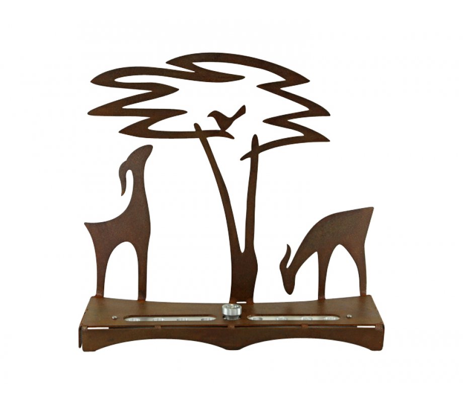 Shraga Landesman Hanukkah Menorah with Acacia Tree, Deer and Bird - Rust Color