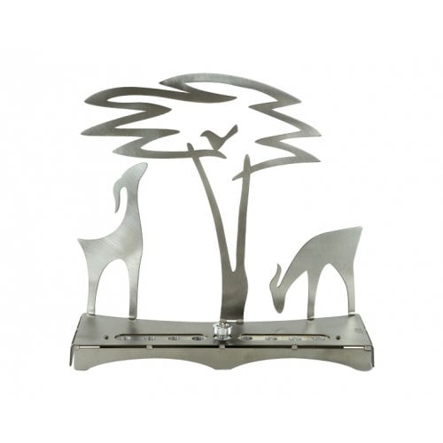 Shraga Landesman Hanukkah Menorah with Acacia Tree, Deer and Bird - Silver