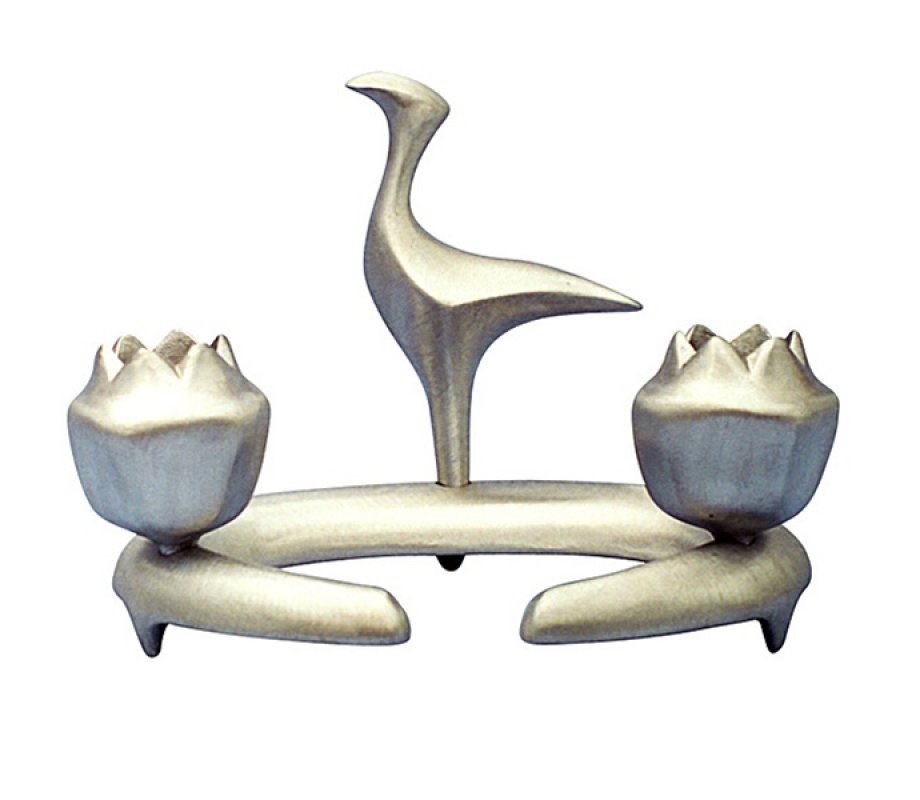 Shraga Landesman Heron and Pomegranate Candle Holders on Round Branch