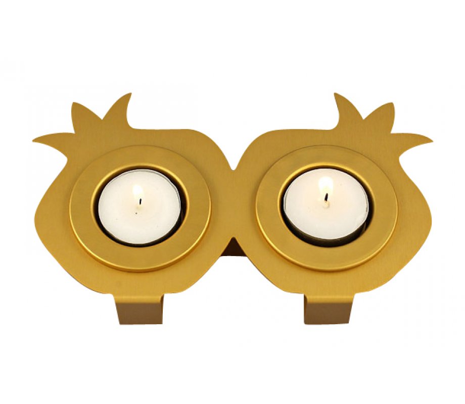 Shraga Landesman Joined Pair Pomegranate Candle Holders - Gold