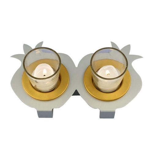 Shraga Landesman Joined Pair Pomegranate Candle Holders - Silver and Gold