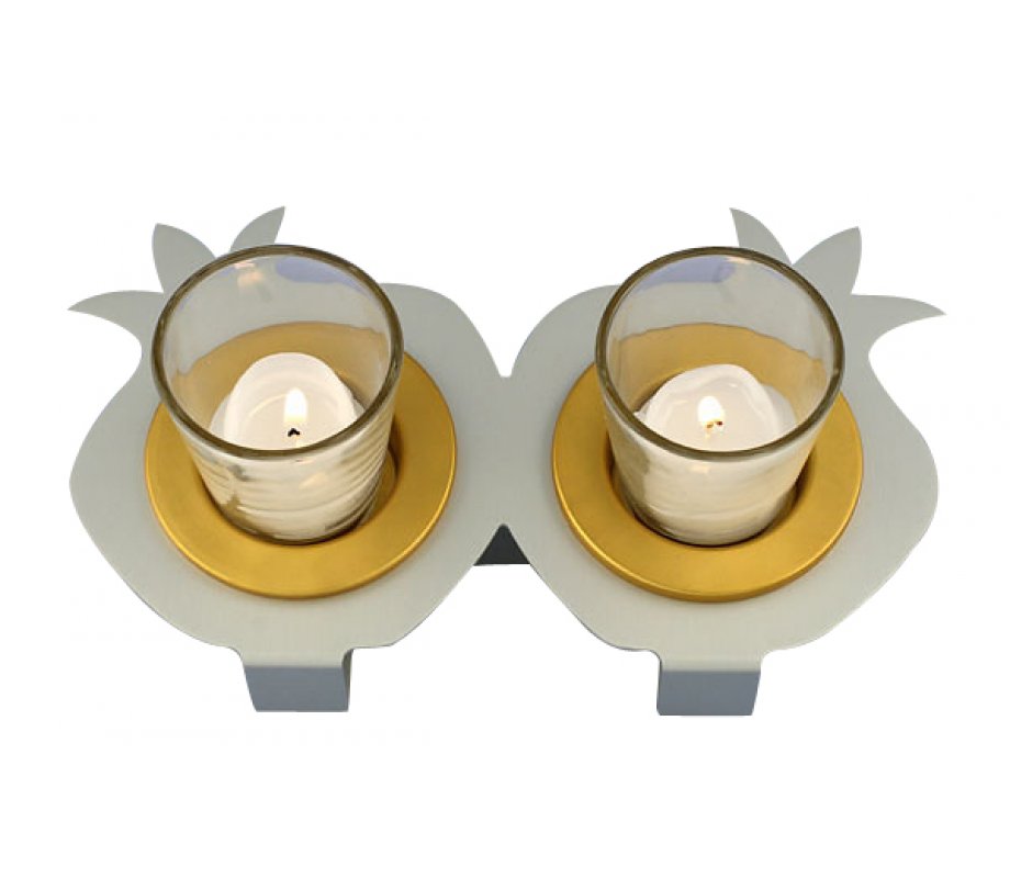 Shraga Landesman Joined Pair Pomegranate Candle Holders - Silver and Gold