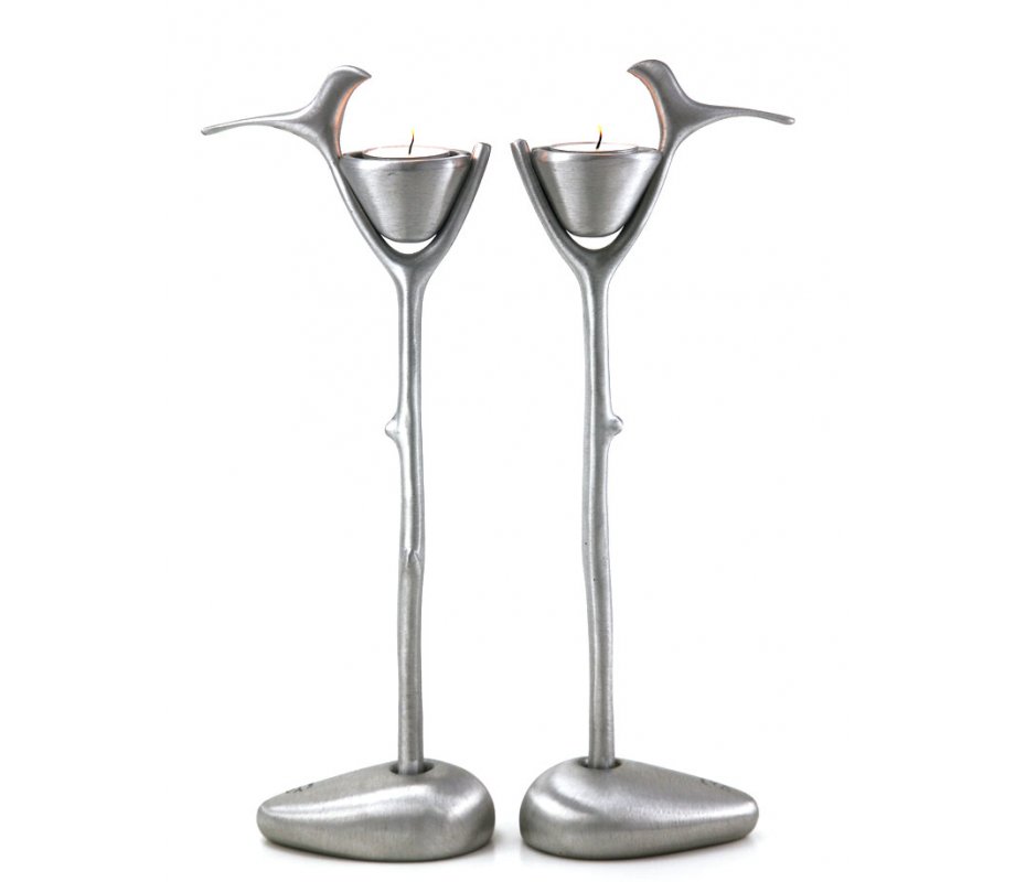 Shraga Landesman Nest and Perched Bird Candle Holders on Tree Branch - Silver