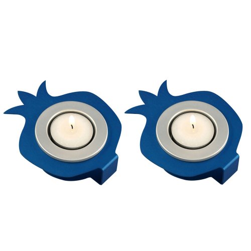 Shraga Landesman Pair Aluminum Pomegranate Candle Holders - Blue and Silver