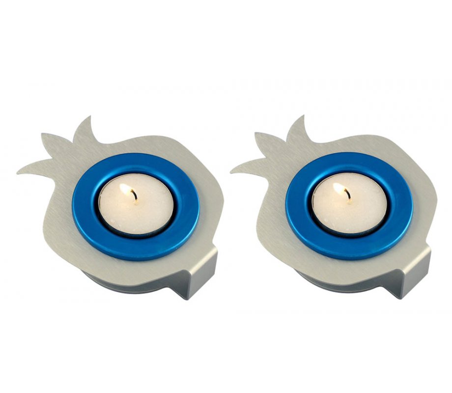 Shraga Landesman Pair Aluminum Pomegranate Candle Holders - Silver and Blue