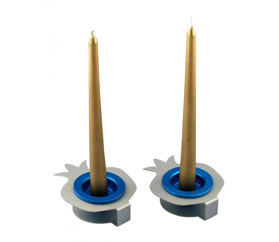 Shraga Landesman Pair Aluminum Pomegranate Candle Holders - Silver and Blue