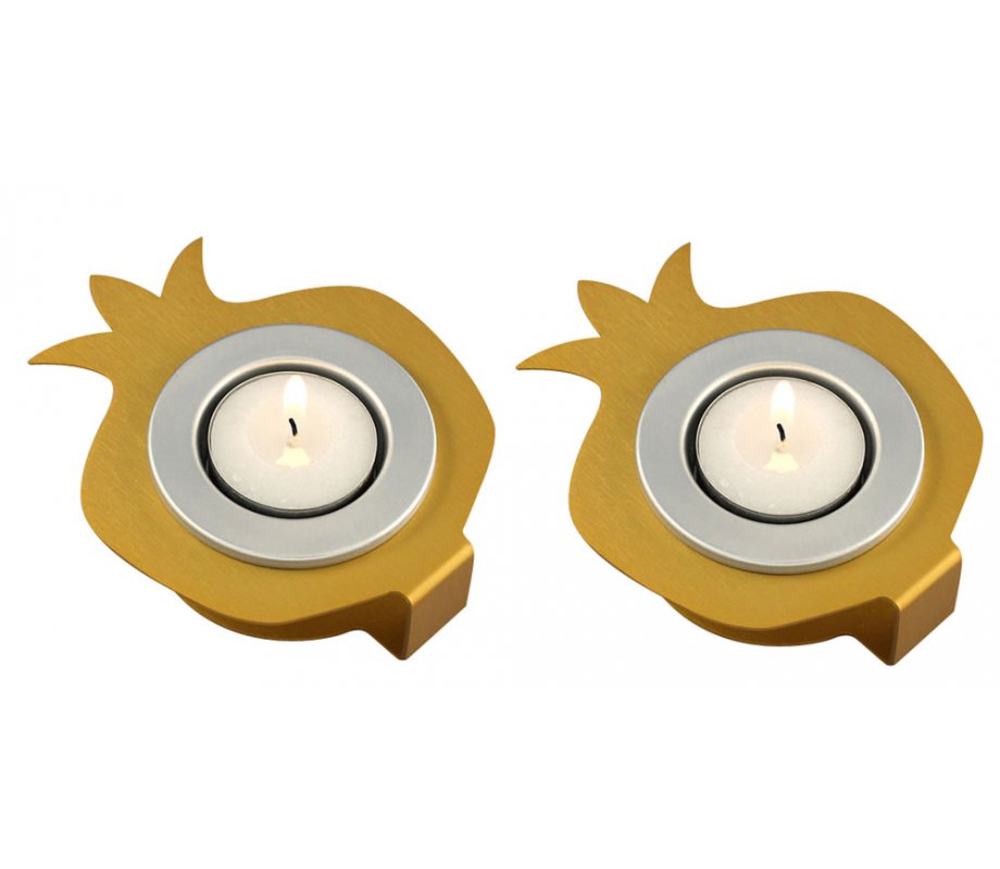 Shraga Landesman Pair Aluminum Pomegranate Candle Holders - Silver and Gold