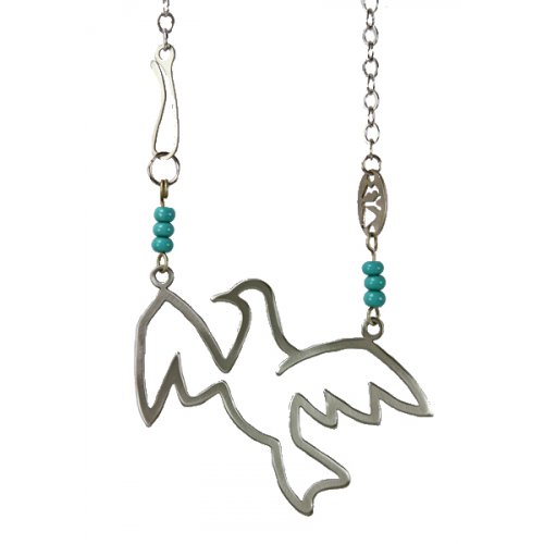 Shraga Landesman Peace Dove in Flight Necklace Turquoise Beads - Nickel Silver