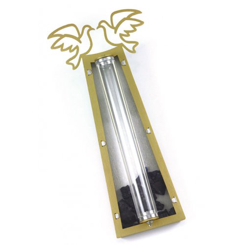 Shraga Landesman Peace Doves Mezuzah Case Gold and Colored - Aluminum Lucite