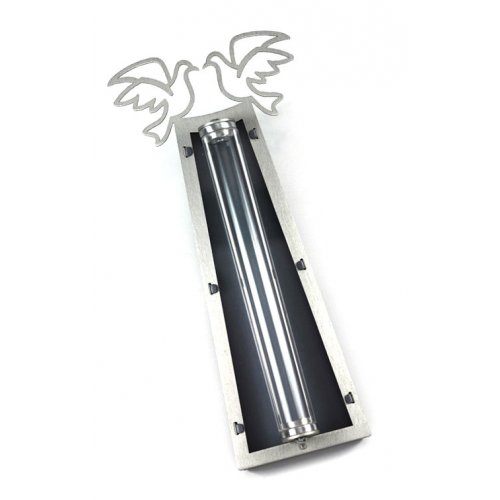 Shraga Landesman Peace Doves Mezuzah Case Silver and Black - Aluminum Lucite