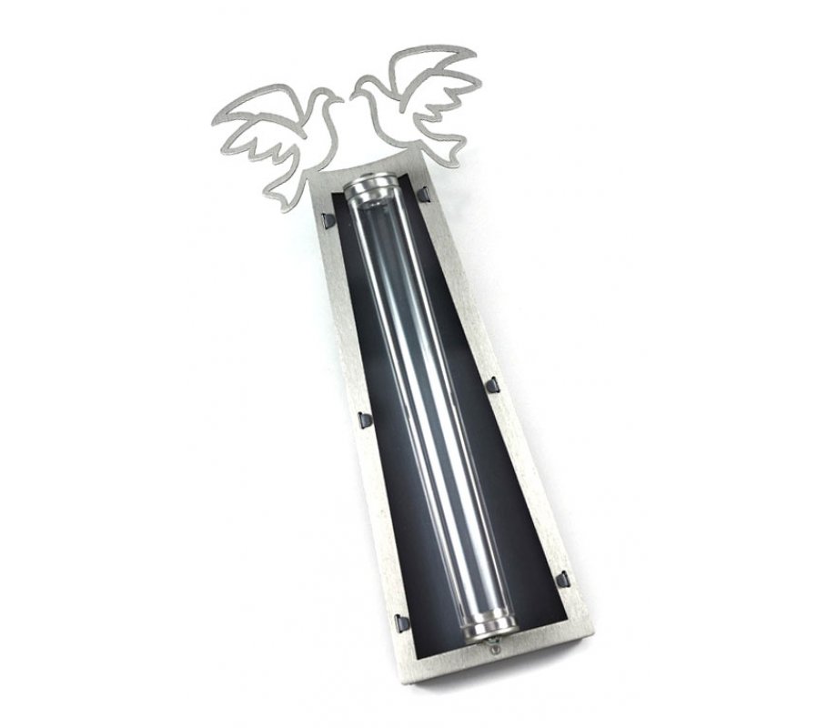 Shraga Landesman Peace Doves Mezuzah Case Silver and Black - Aluminum Lucite