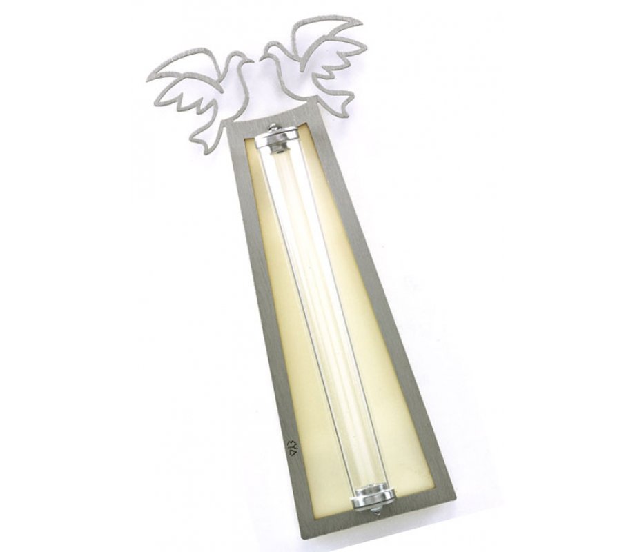 Shraga Landesman Peace Doves Mezuzah Case Silver and White - Aluminum, Lucite