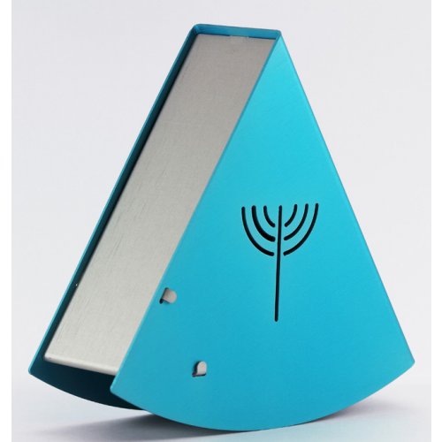 Shraga Landesman Rocking Charity Box Matan Be'seter & Menorah Motif - Turquoise