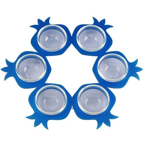 Shraga Landesman Seder Plate Round Blue Pomegranate Shapes - Aluminum and Glass