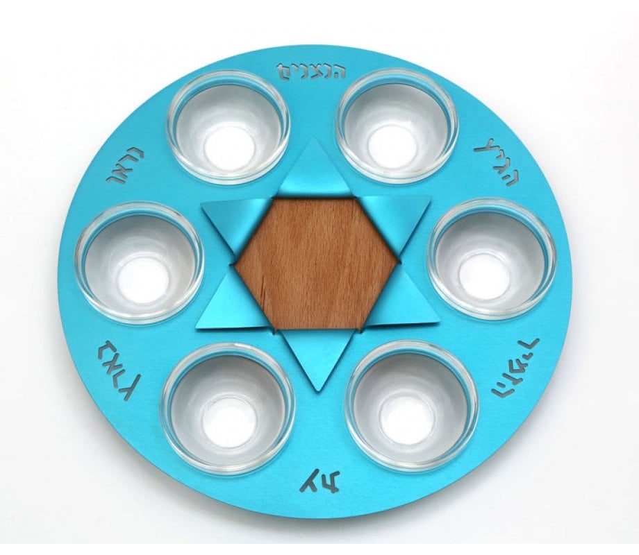 Shraga Landesman Sky-Blue Star of David Seder Plate - Aluminum, Wood and Glass