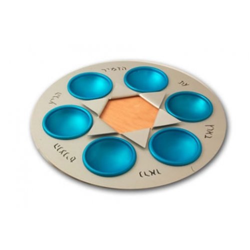 Shraga Landesman Turquoise and Silver Star of David Seder Plate - Aluminum Wood