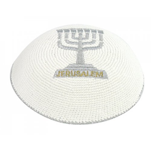 Silver & Gold Menorah Jerusalem knitted kippah